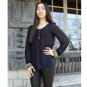 Double Zero Black Sheer Top with Gold Chain Cuff